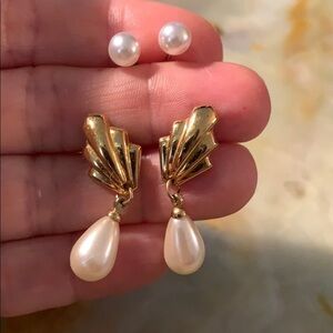 (2)pearl stud earrings, gold deco shell dangling
